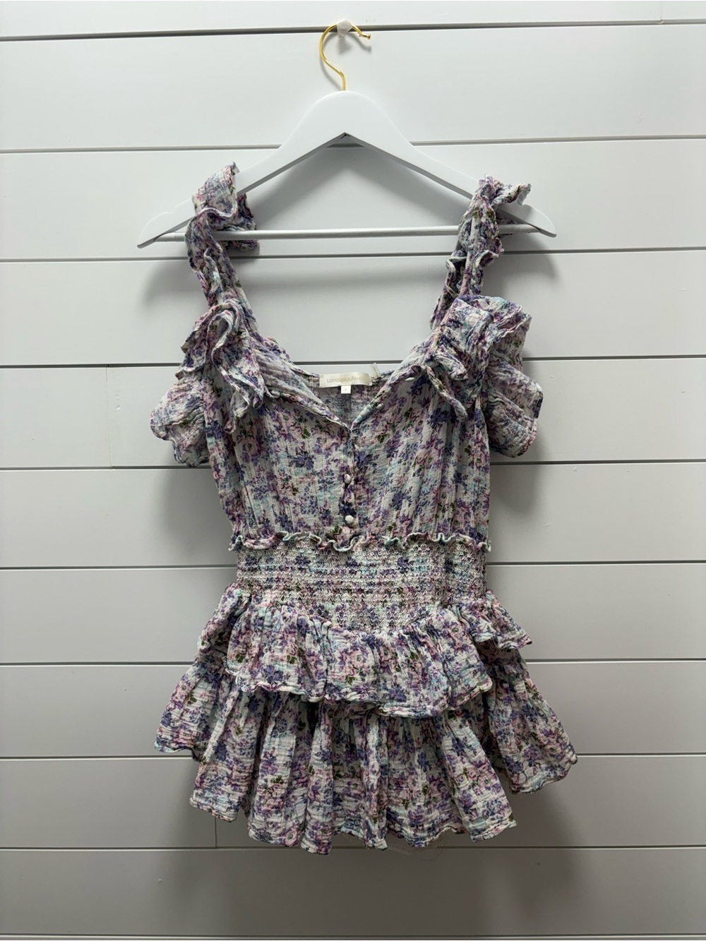 Love Shack Fancy Ruffle Smocked Waist Women's Top in Lavender Multi